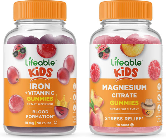 Kids Magnesium Citrate, Iron, and Vitamin C Gummies Bundle - Tasty Vitamin Supplement, Gluten-Free, Non-GMO Chewables by VitaWorks Lifeable