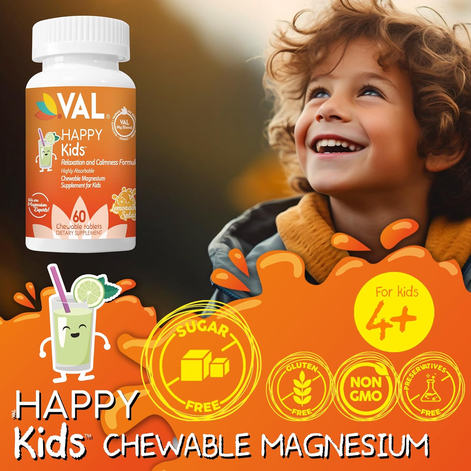 Kids Magnesium Supplement for Calm, Focus, and Relaxation | High-Absorption Formula with Magnesium Glycinate, Citrate, and Taurate | Includes Vitamin B6, D, and C | Sugar-Free Lemonade Flavor | 60 Chewable Tablets
