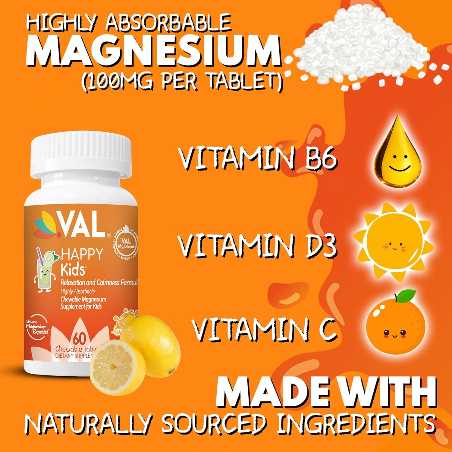 Kids Magnesium Supplement for Calm, Focus, and Relaxation | High-Absorption Formula with Magnesium Glycinate, Citrate, and Taurate | Includes Vitamin B6, D, and C | Sugar-Free Lemonade Flavor | 60 Chewable Tablets