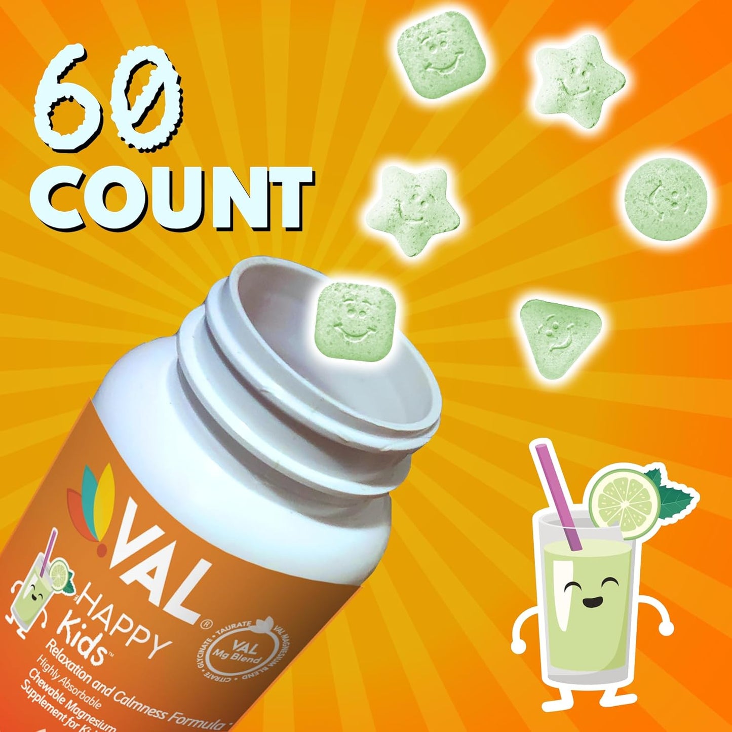 Kids Magnesium Supplement for Calm, Focus, and Relaxation | High-Absorption Formula with Magnesium Glycinate, Citrate, and Taurate | Includes Vitamin B6, D, and C | Sugar-Free Lemonade Flavor | 60 Chewable Tablets