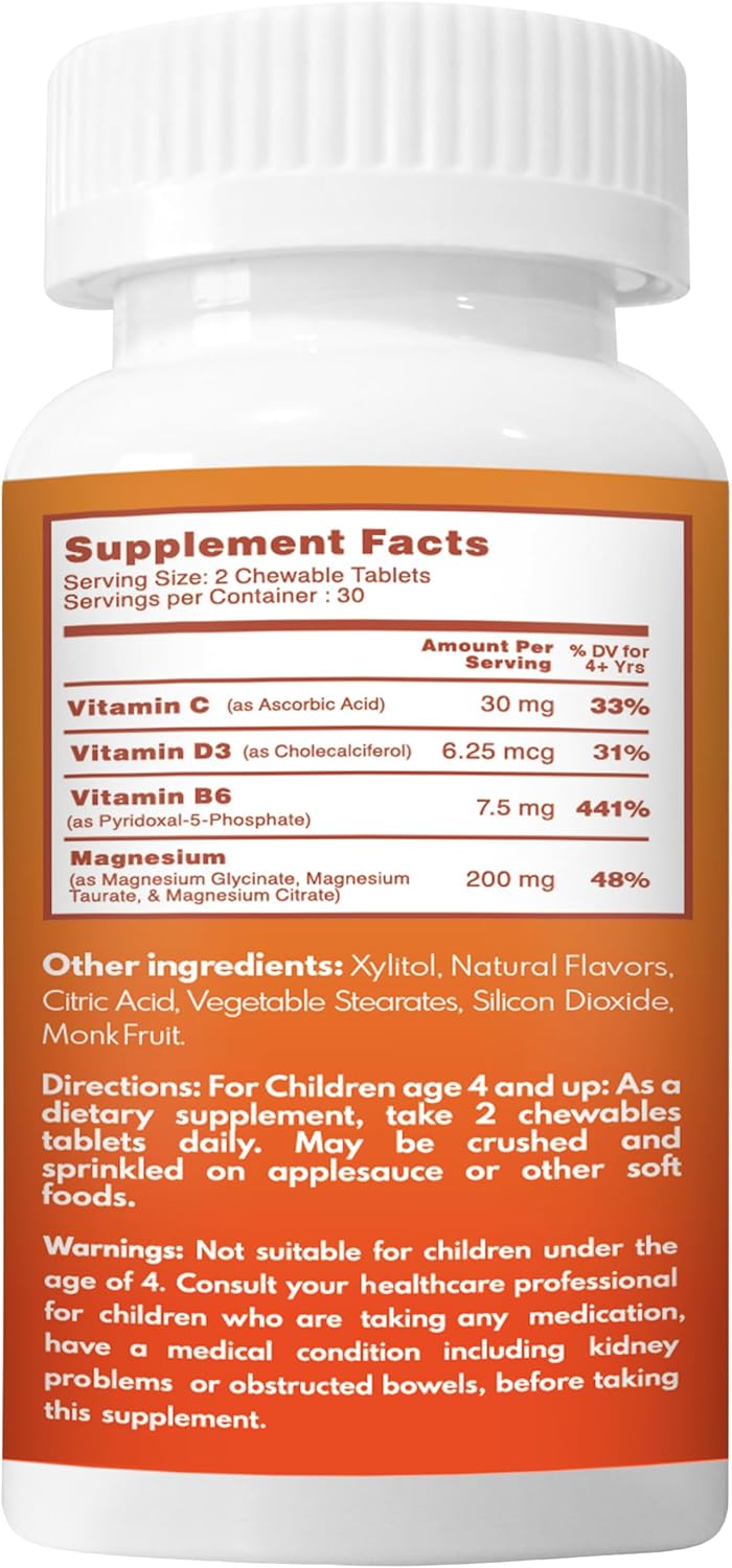 Kids Magnesium Supplement for Calm, Focus, and Relaxation | High-Absorption Formula with Magnesium Glycinate, Citrate, and Taurate | Includes Vitamin B6, D, and C | Sugar-Free Lemonade Flavor | 60 Chewable Tablets