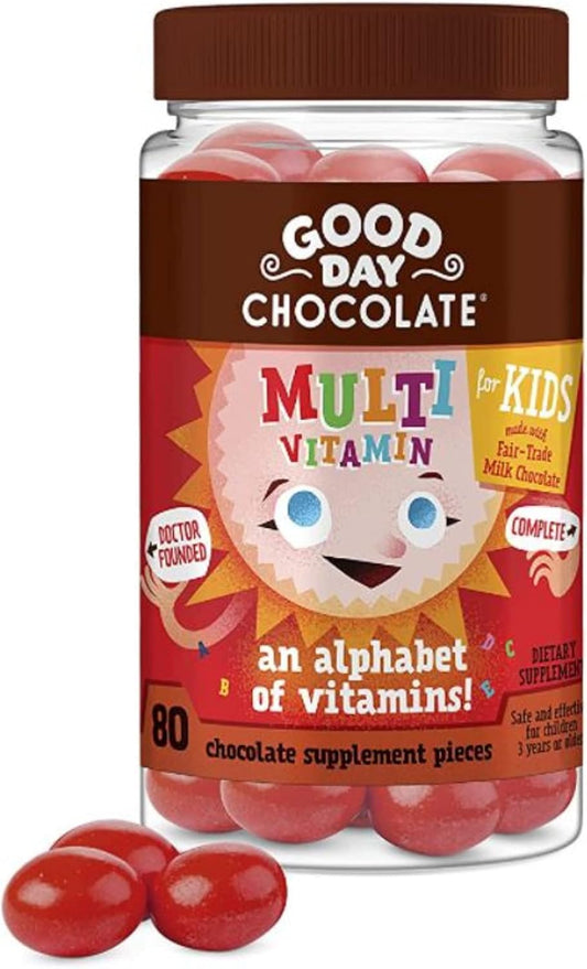 Kids Multivitamin Chocolate with Vitamins A, B6, B12, C, D, E, Folate, Biotin - 80 Pieces Non-GMO Fair Trade Candy with 2g Sugar