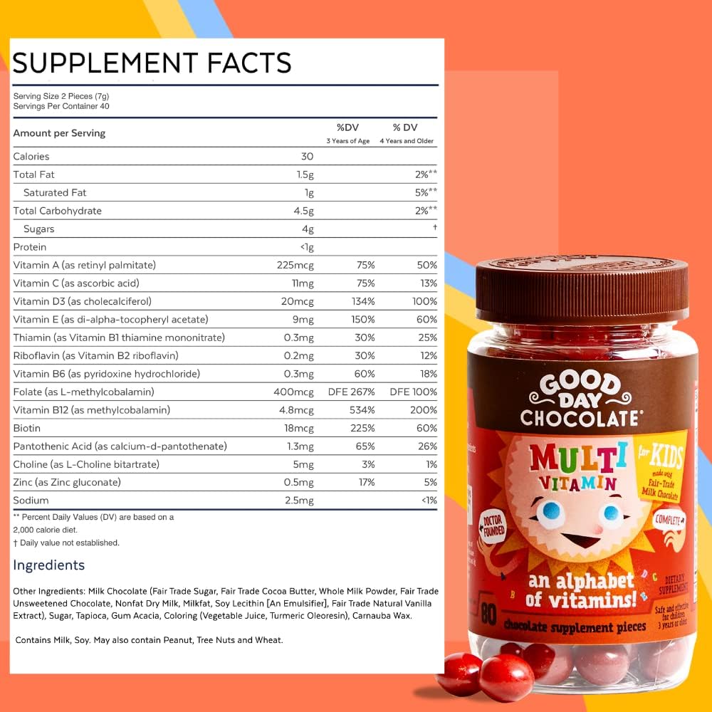 Kids Multivitamin Chocolate with Vitamins A, B6, B12, C, D, E, Folate, Biotin - 80 Pieces Non-GMO Fair Trade Candy with 2g Sugar
