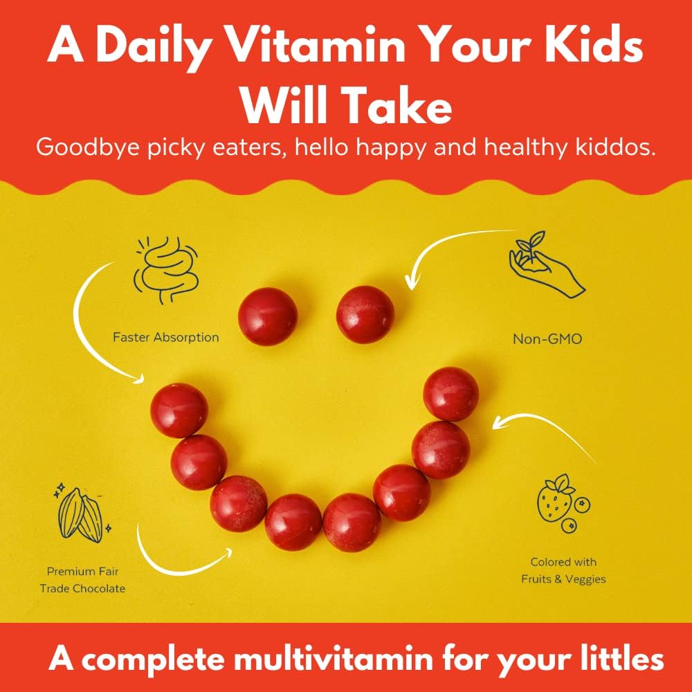 Kids Multivitamin Chocolate with Vitamins A, B6, B12, C, D, E, Folate, Biotin - 80 Pieces Non-GMO Fair Trade Candy with 2g Sugar