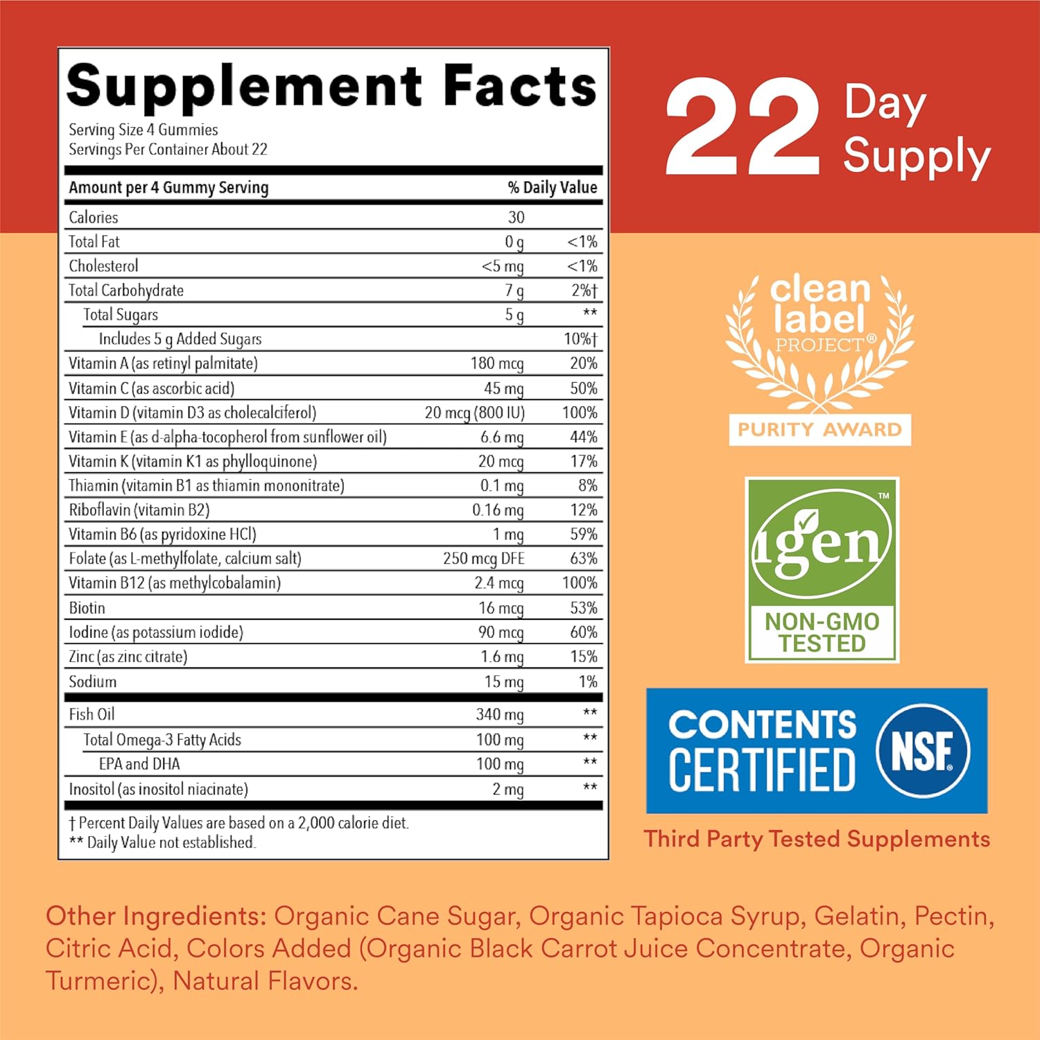 Kids Multivitamin Gummies with Omega 3 Fish Oil, Vitamin D3, C, B12, B6, A, K, Zinc, Biotin - Immune Support, Gluten Free - 90 Count