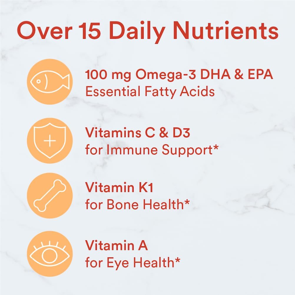 Kids Multivitamin Gummies with Omega 3 Fish Oil, Vitamin D3, C, B12, B6, A, K, Zinc, Biotin - Immune Support, Gluten Free - 90 Count