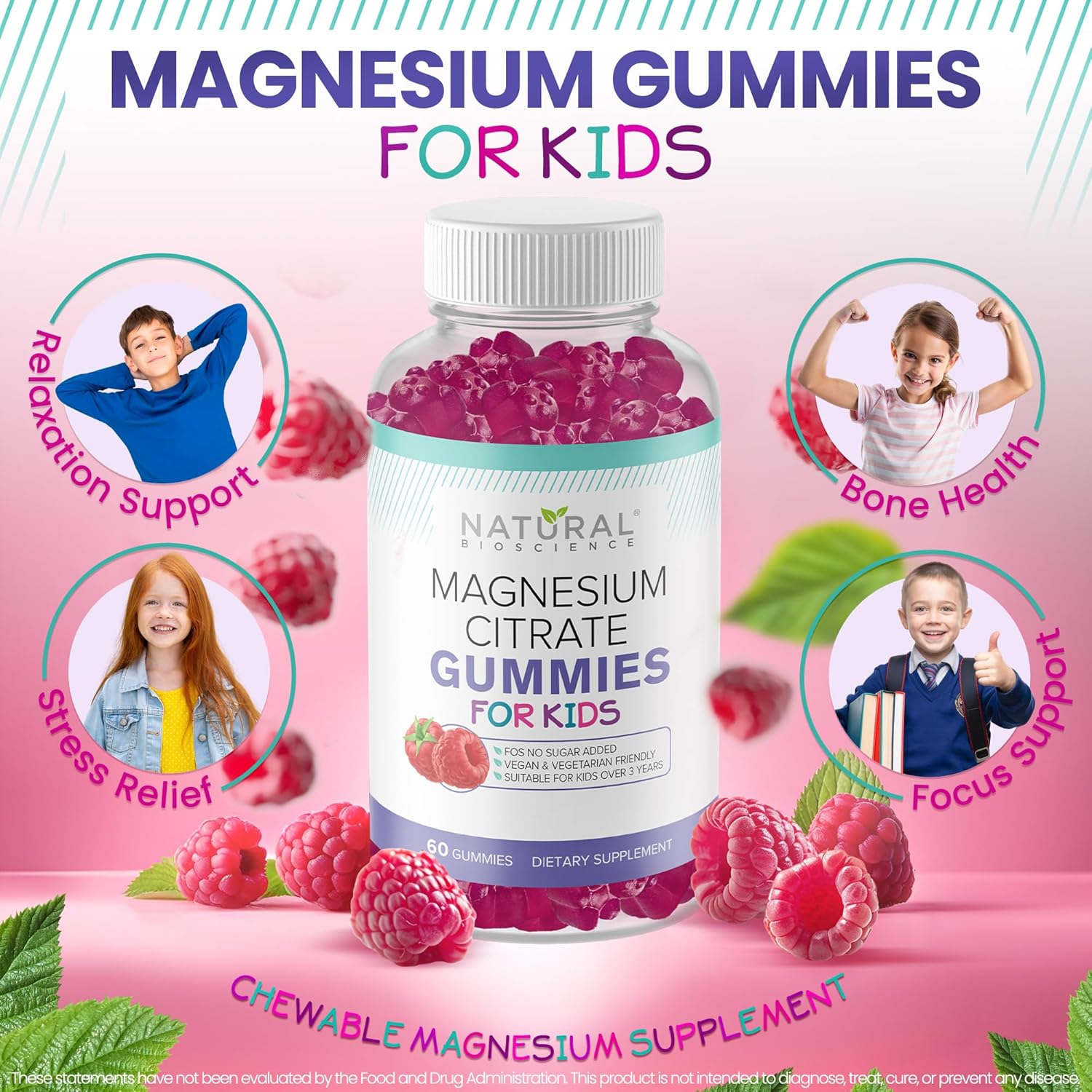 Kids Natural BioScience 100mg Magnesium Gummies - Calm & Sleep Support, Chewable Supplement for Sleep, Stress Relief, Bone Health, Muscle Relaxation - 30 Vegan Gluten-Free Gummies
