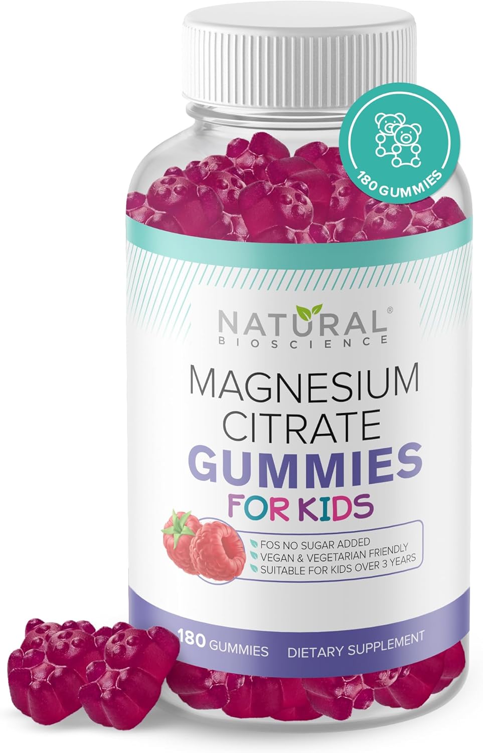 Kids' Natural BioScience Calm Magnesium Citrate Gummies - Sugar-Free Sleep Aid and Stress Relief Supplement, 180 Vegan Gummies for Bone and Muscle Health