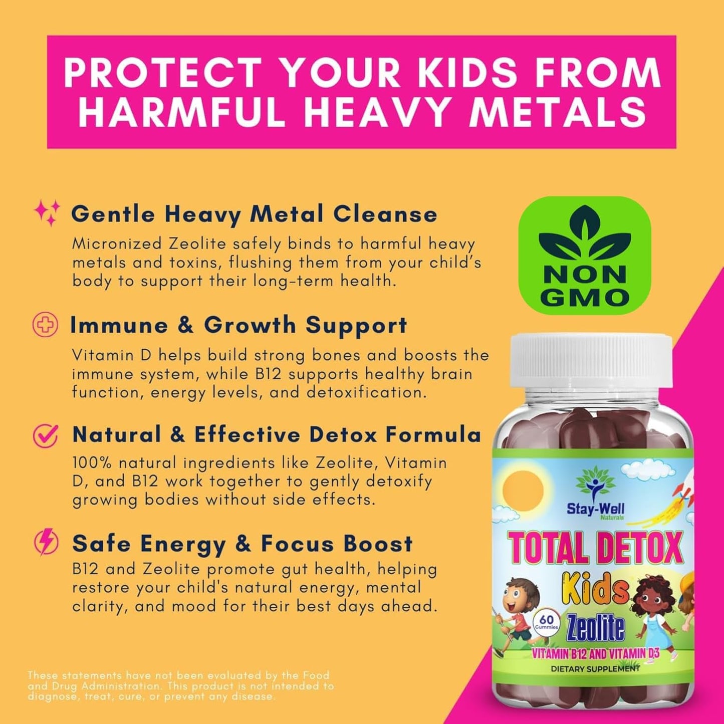 Kid's Natural Zeolite Heavy Metal Detox Gummies - Mixed Berry Flavor, Non-GMO, Micronized, Total Body Cleanse, Toxin Cleanse - 60 Count