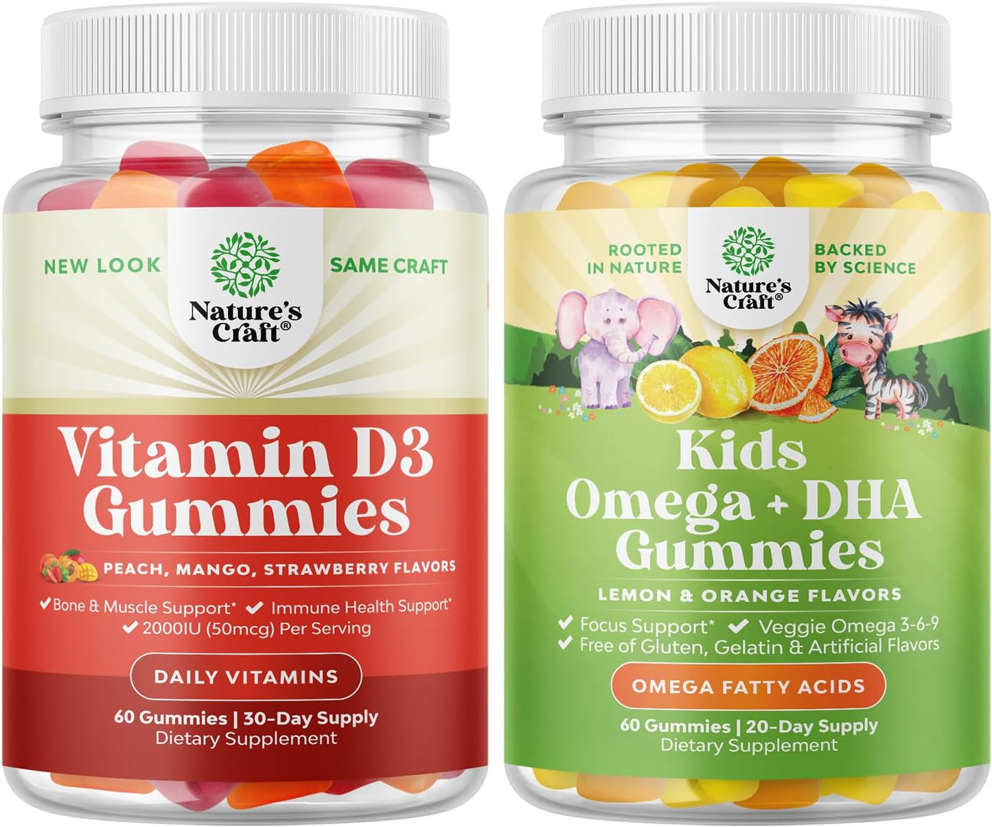 Kids Natures Craft Vitamin D3 and Omega 3 Gummy Bundle for Immune Support, Bone Strength, Heart Health, and Vision - Plant Based Supplement for Kids Immunity and Eye Health