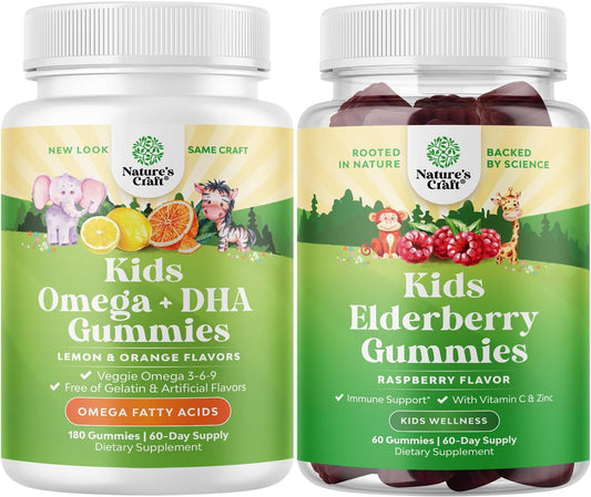 Kids' Plant-Based Omega 3 & Elderberry Gummies Bundle for Vision, Immunity, and Focus - with Zinc and Vitamin C for Immune Support - BoostGo Australia