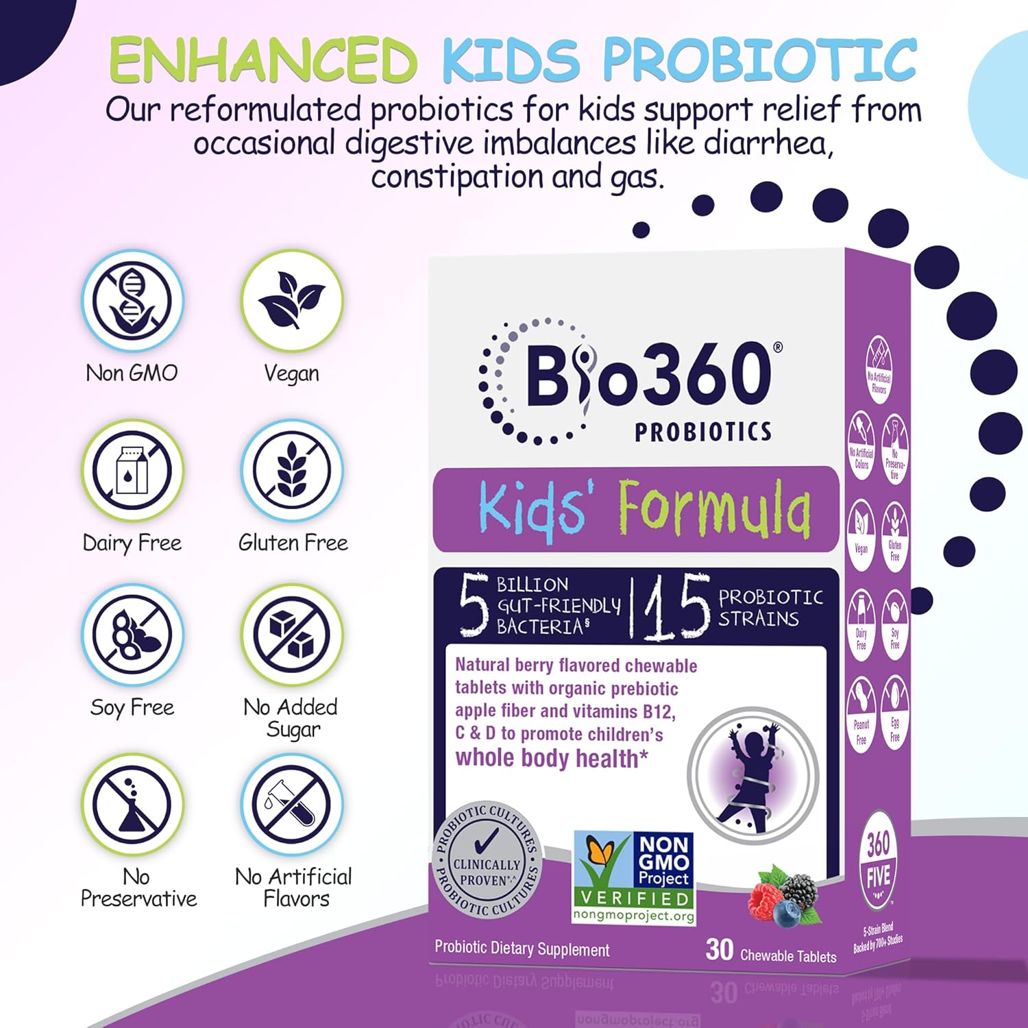 Kids Probiotic Chewable with 15 Strains & 5 Billion CFU for Brain, Immune & Digestive Health - Organic Prebiotics, Mixed Berry Flavor - 60 Count