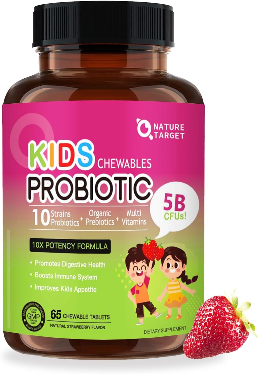 Kids Probiotic Chewable with 5 Billion CFUs, Prebiotics, & Strawberry Flavor - Digestive Health & Immune Support - 65 Servings