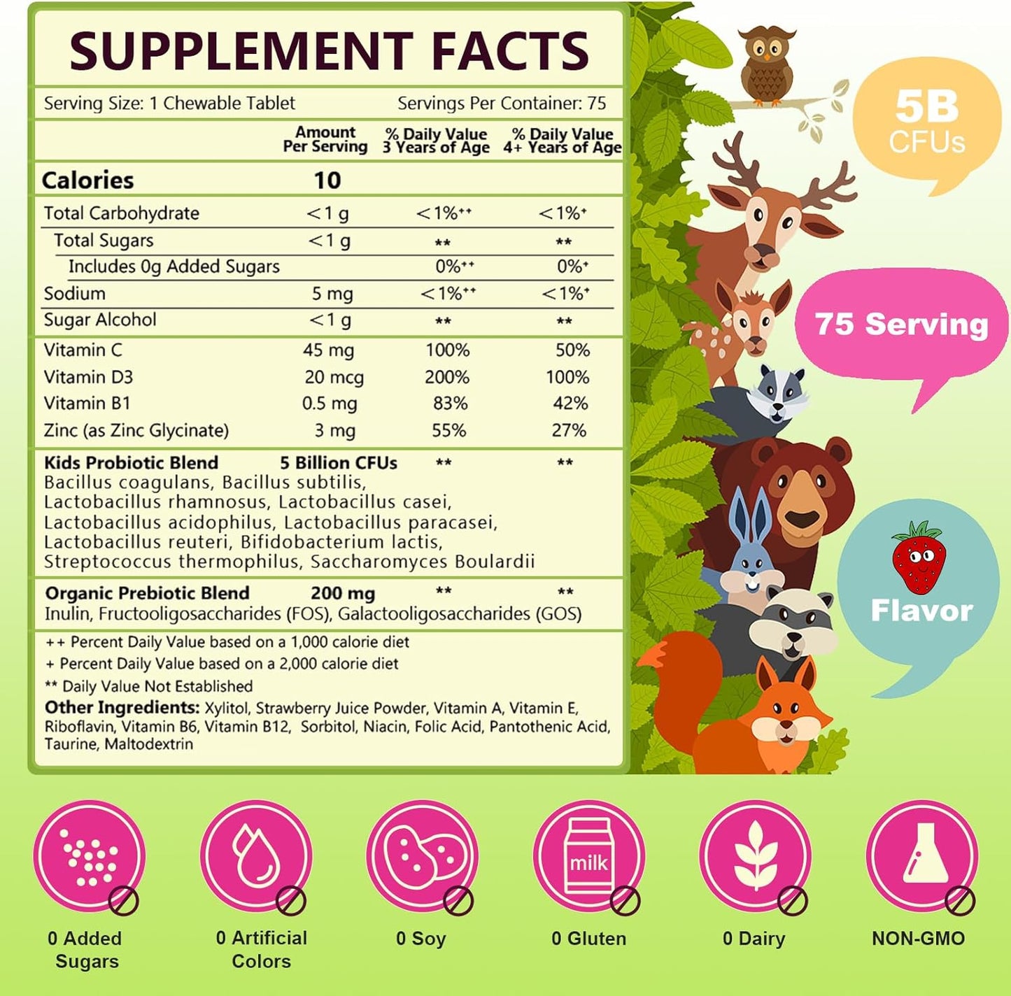 Kids Probiotic Chewable with 5 Billion CFUs, Prebiotics, & Strawberry Flavor - Digestive Health & Immune Support - 65 Servings
