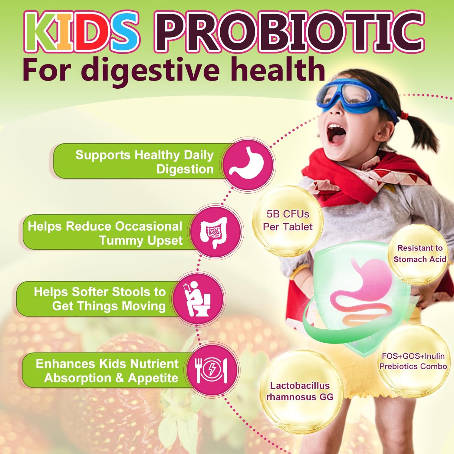 Kids Probiotic Chewable with 5 Billion CFUs, Prebiotics, & Strawberry Flavor - Digestive Health & Immune Support - 65 Servings