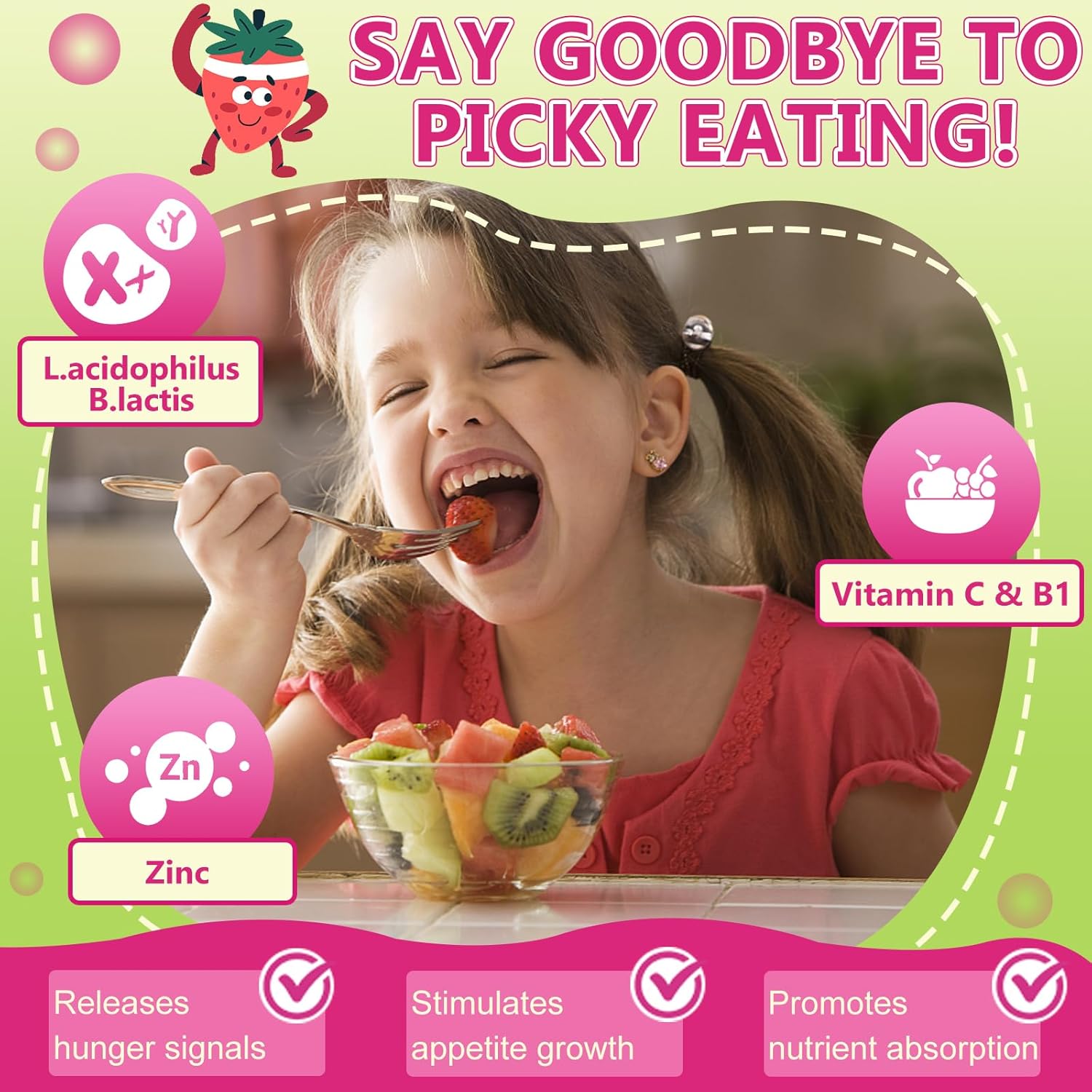 Kids Probiotic Chewable with 5 Billion CFUs, Prebiotics, Digestive Health & Immune Support, Strawberry Flavor - 65 Servings