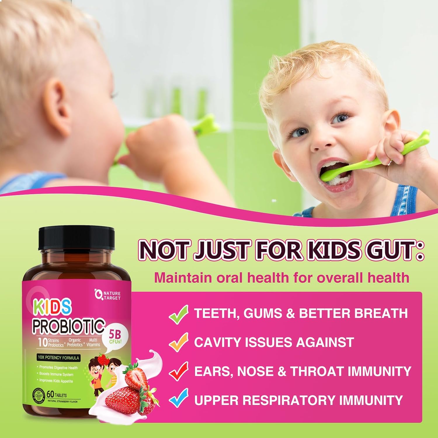Kids Probiotic Chewable with 5 Billion CFUs, Prebiotics, & Strawberry Flavor - Digestive Health & Immune Support - 65 Servings