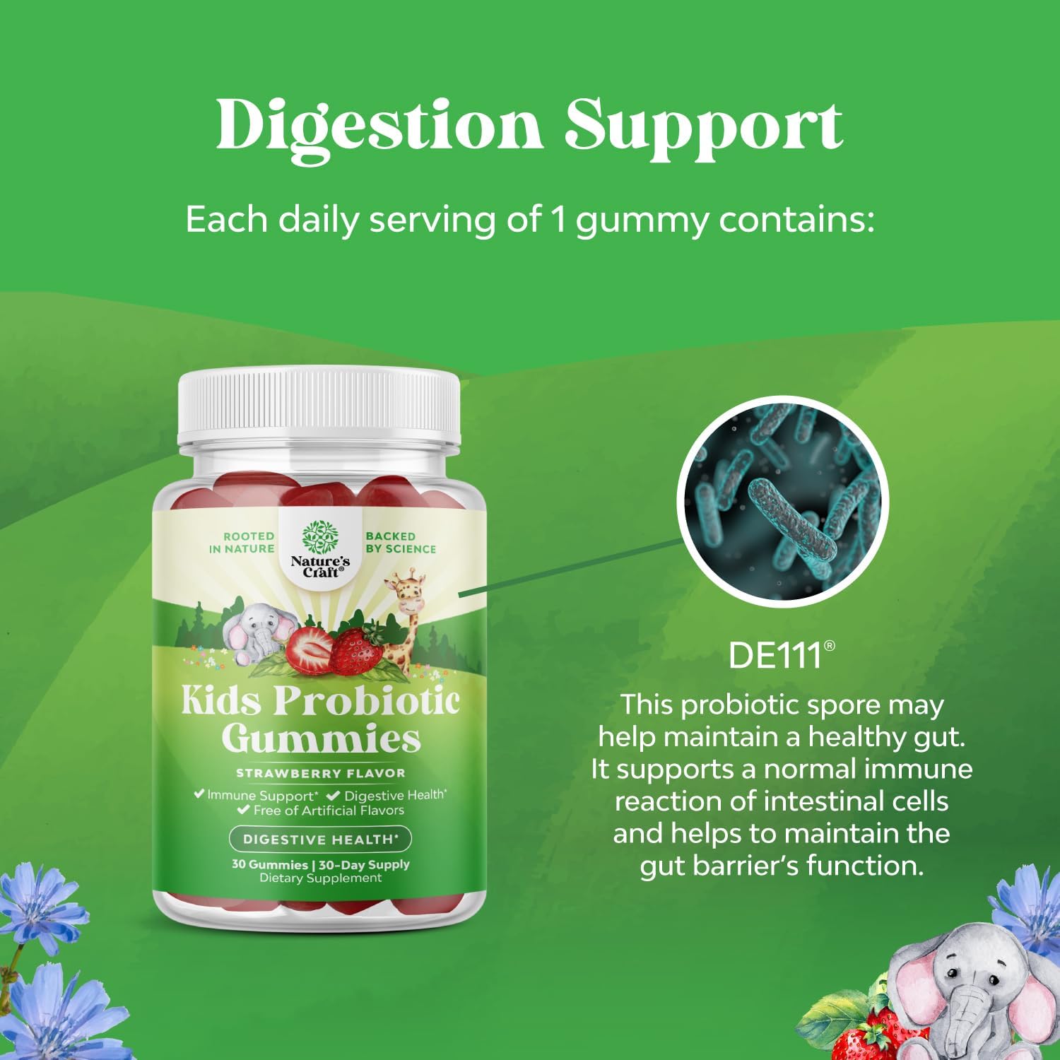 Kids Probiotic Gummies for Immune Support and Digestive Health - Bacillus Subtilis Probiotic for Upset Stomach, Cleanse, and Colon Detox - Constipation Relief - Natures Craft