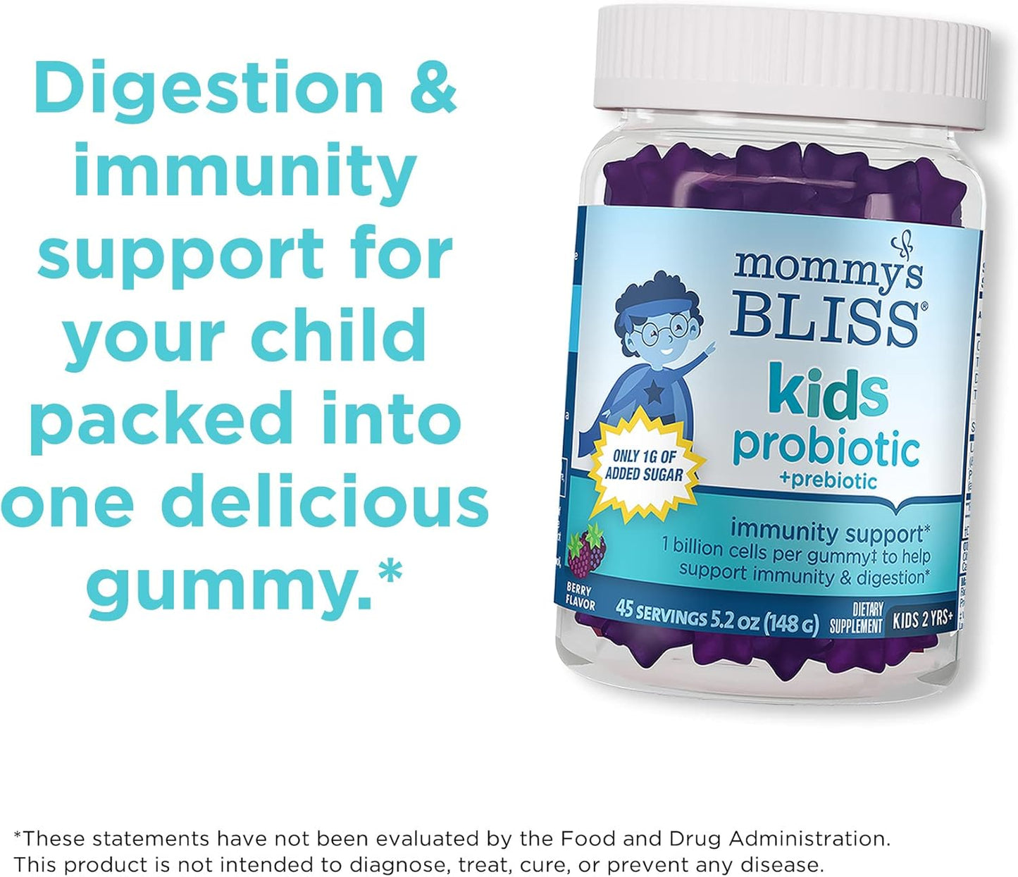 Kids Probiotic + Prebiotic Gummies for Immunity & Digestion, Yummy Berry Flavor, 45 Count (Pack of 3) - Mommy's Bliss
