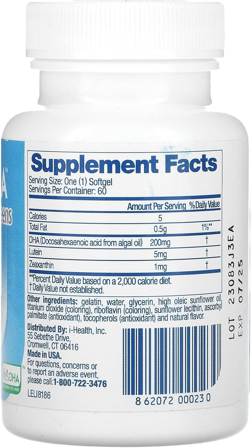 Kids & Teens Daily Supplement with Lutein for Eye & Brain Health - Life's DHA Softgels - Non-GMO - 60 Count