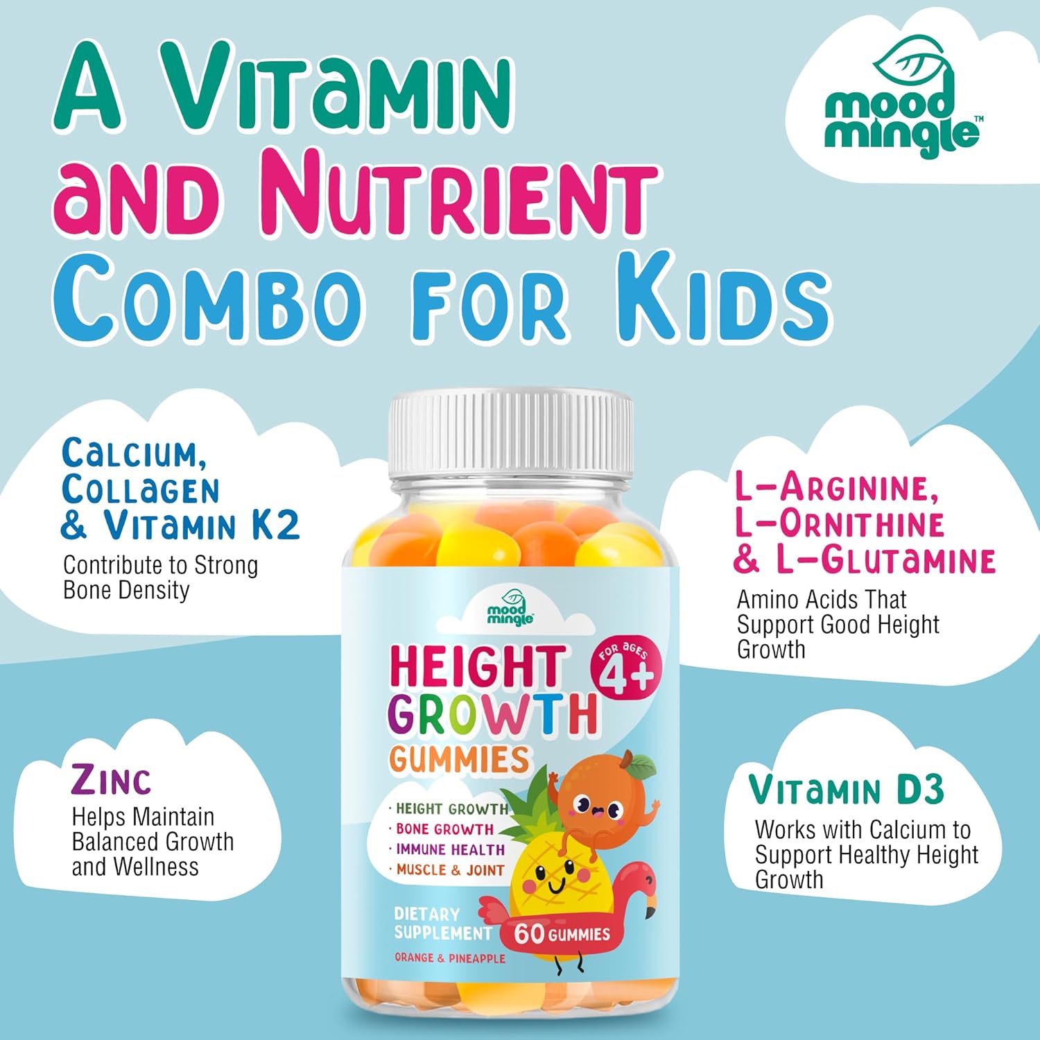 Kids Teens Height Growth Gummies - Mood Mingle Height Increaser & Maximizer Vitamins for Growing Taller