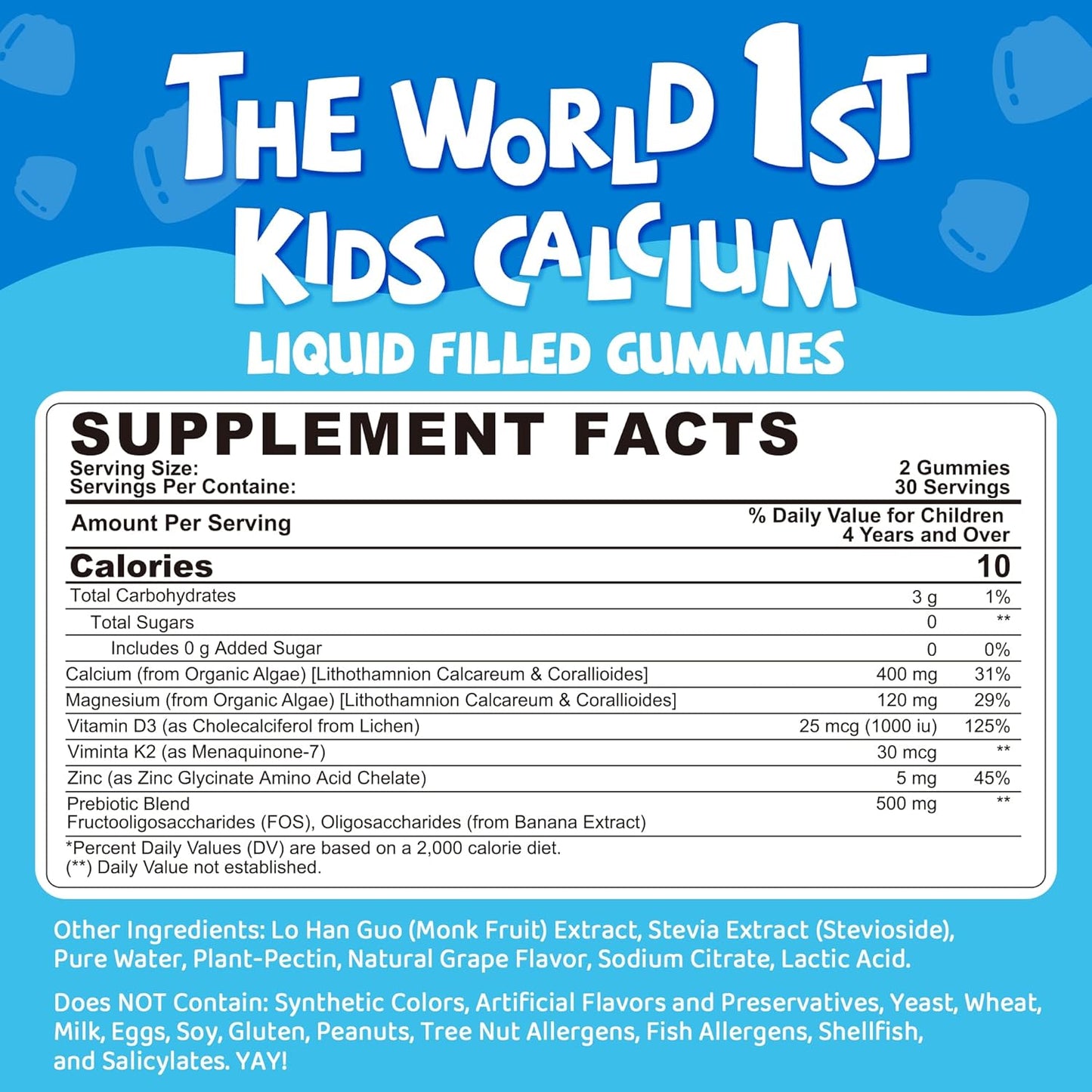 Kids Vegan Calcium Gummies with Prebiotics, Grape Flavor, Non-GMO - 60 Count