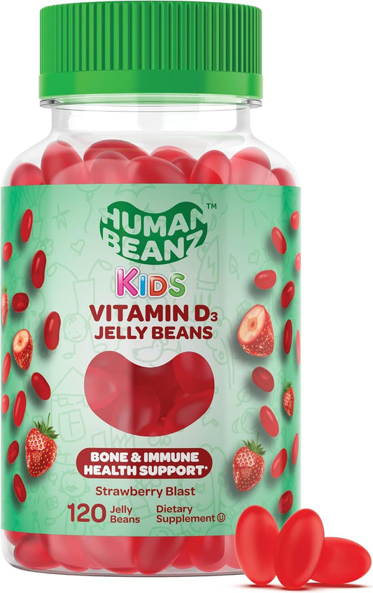 Kid's Vegetarian Strawberry Blast Vitamin D3 Gummies - 120 Jelly Beans, 25mcg/1000 IU, Kosher - Human Beanz
