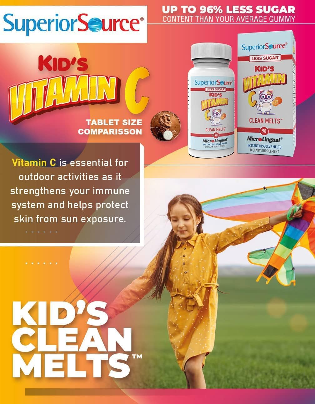 Kid’s Vitamin C (125 mg) MicroLingual Tablets - 90 Ct, Quick Dissolve Clean Melts for Immune System Support, Non-GMO Option