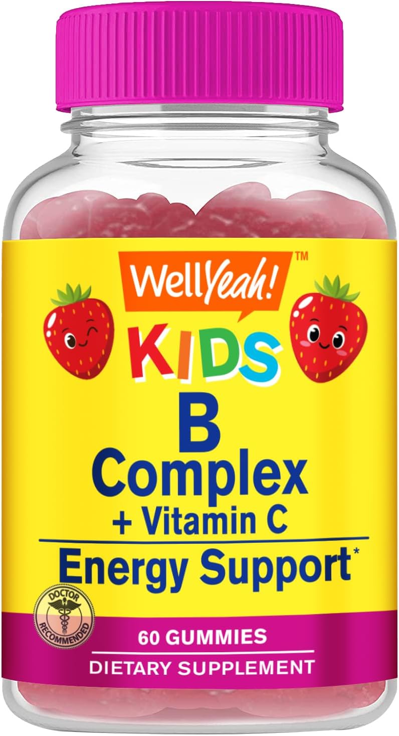 Kids WellYeah B Complex Gummies - Vitamin C, Niacin, B6, Folic Acid, B12, Biotin, Pantothenic Acid - 2 Month Supply - Strawberry - Non GMO, Gluten Free - 60 Gummies
