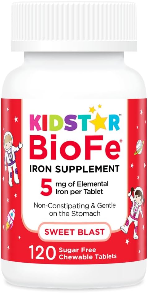 KidStar Nutrients BioFe Pure Iron Chewables - Sweet Blast Flavor, Xylitol-Sweetened, 120 Tablets for Kids & Adults, Sugar-Free
