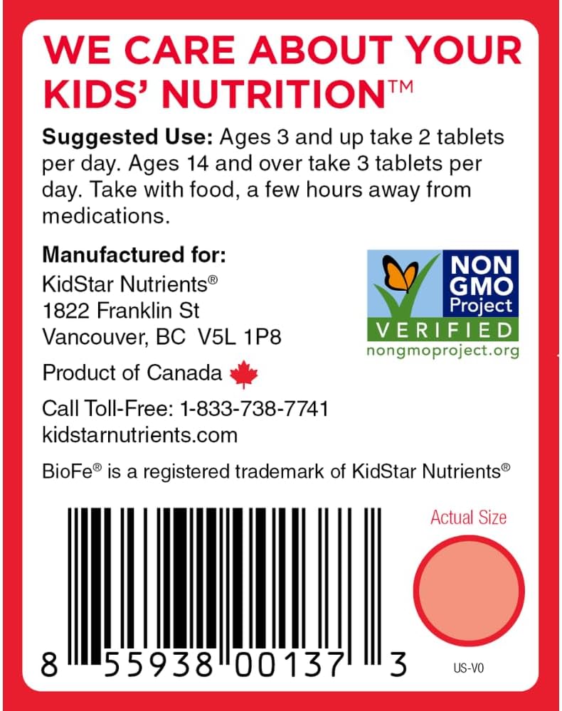 KidStar Nutrients BioFe Pure Iron Chewables - Sweet Blast Flavor, Xylitol-Sweetened, 120 Tablets for Kids & Adults, Sugar-Free