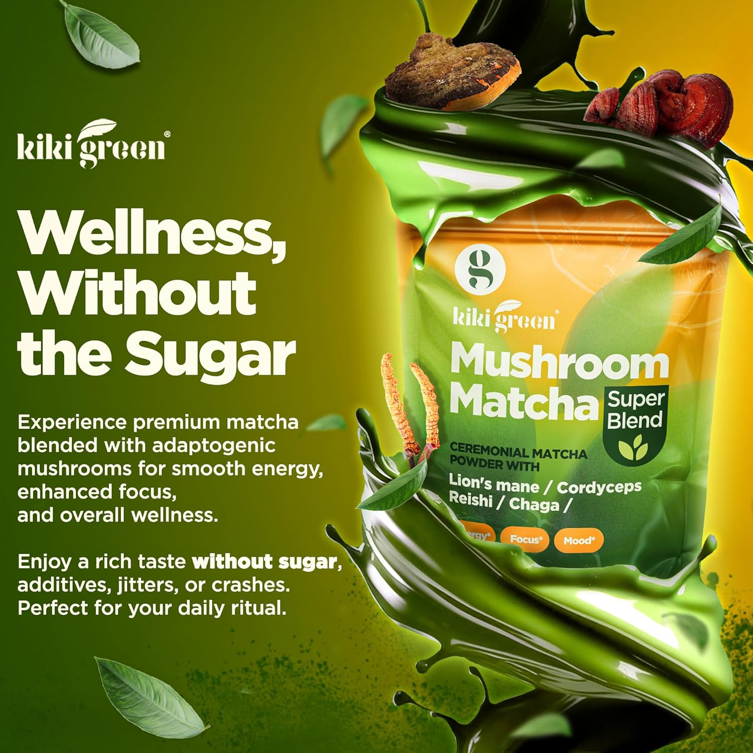 KIKI Green Mushroom Matcha Powder - Super Blend with Lion's Mane, Chaga, Reishi, Cordyceps - Natural Energy and Focus Booster - 8 oz, 40 Servings