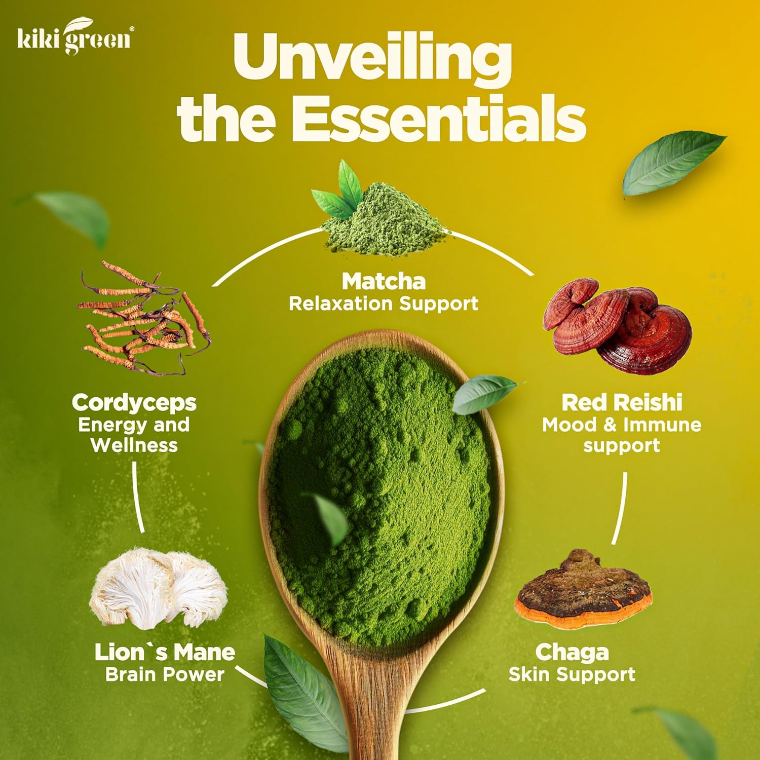 KIKI Green Mushroom Matcha Powder - Super Blend with Lion's Mane, Chaga, Reishi, Cordyceps - Natural Energy and Focus Booster - 8 oz, 40 Servings