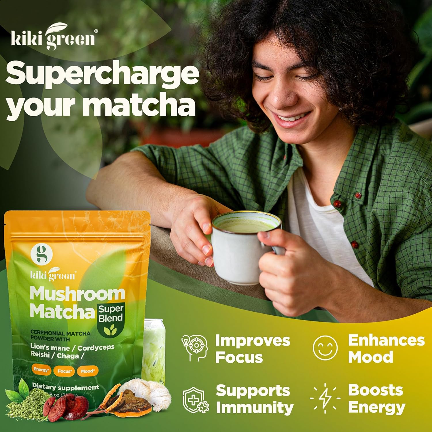 KIKI Green Mushroom Matcha Powder - Super Blend with Lion's Mane, Chaga, Reishi, Cordyceps - Natural Energy and Focus Booster - 8 oz, 40 Servings