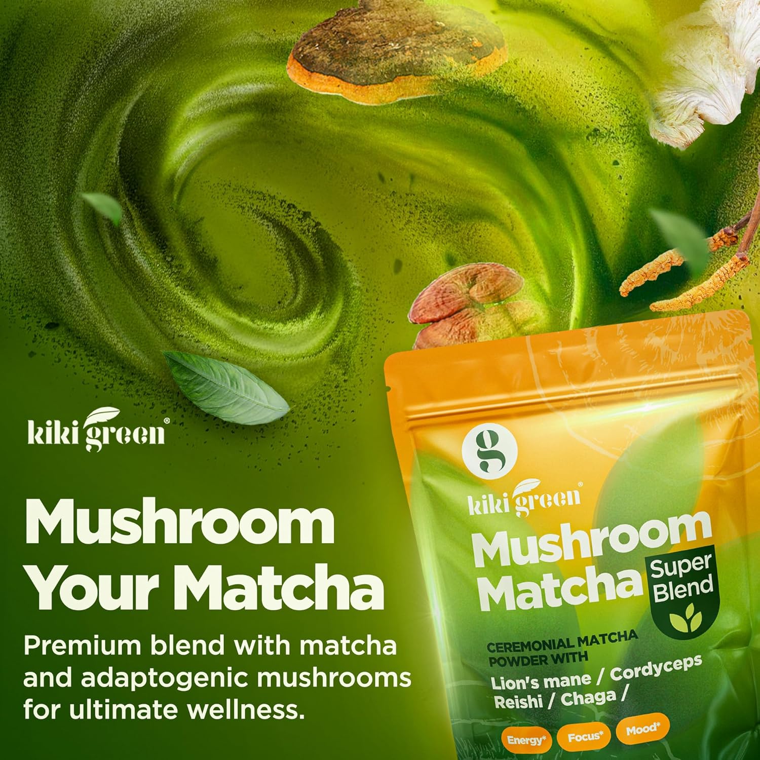 KIKI Green Mushroom Matcha Powder - Super Blend with Lion's Mane, Chaga, Reishi, Cordyceps - Natural Energy and Focus Booster - 8 oz, 40 Servings