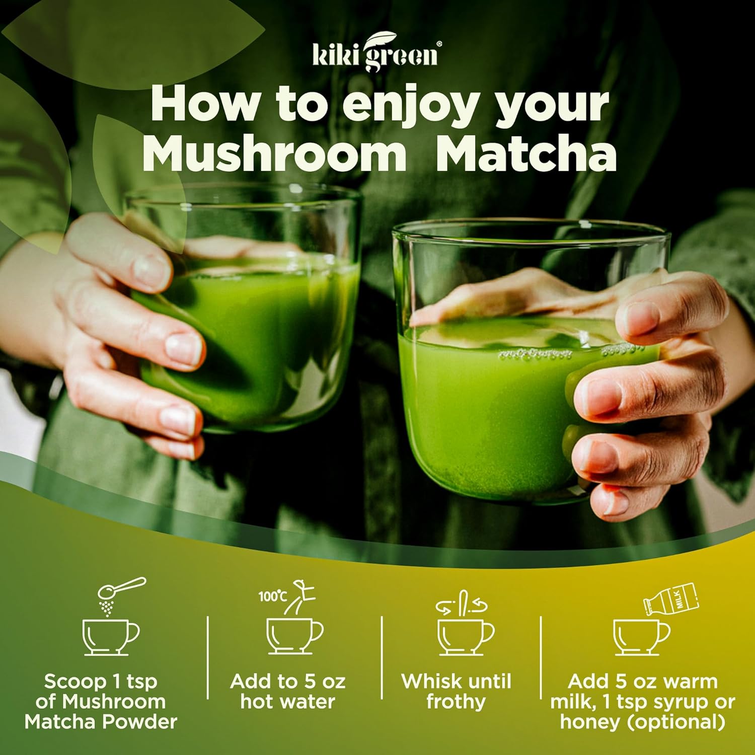 KIKI Green Mushroom Matcha Powder - Super Blend with Lion's Mane, Chaga, Reishi, Cordyceps - Natural Energy and Focus Booster - 8 oz, 40 Servings