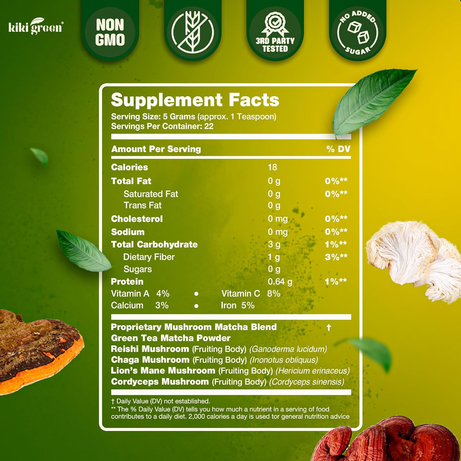 KIKI Green Mushroom Matcha Powder - Super Blend with Lion's Mane, Chaga, Reishi, Cordyceps - Natural Energy and Focus Booster - 8 oz, 40 Servings