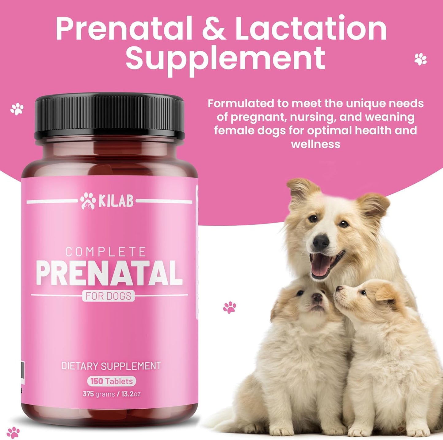 Kilab Prenatal Dog Vitamins - 150 Tablets for Healthy Development & Wellness - Supports Pregnant, Nursing, & Weaning Females - Complete Formula