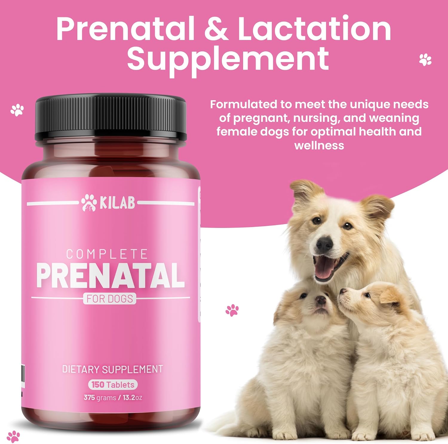 Kilab Prenatal Dog Vitamins - 150 Tablets for Healthy Development & Wellness - Supports Pregnant, Nursing, & Weaning Females - Complete Formula
