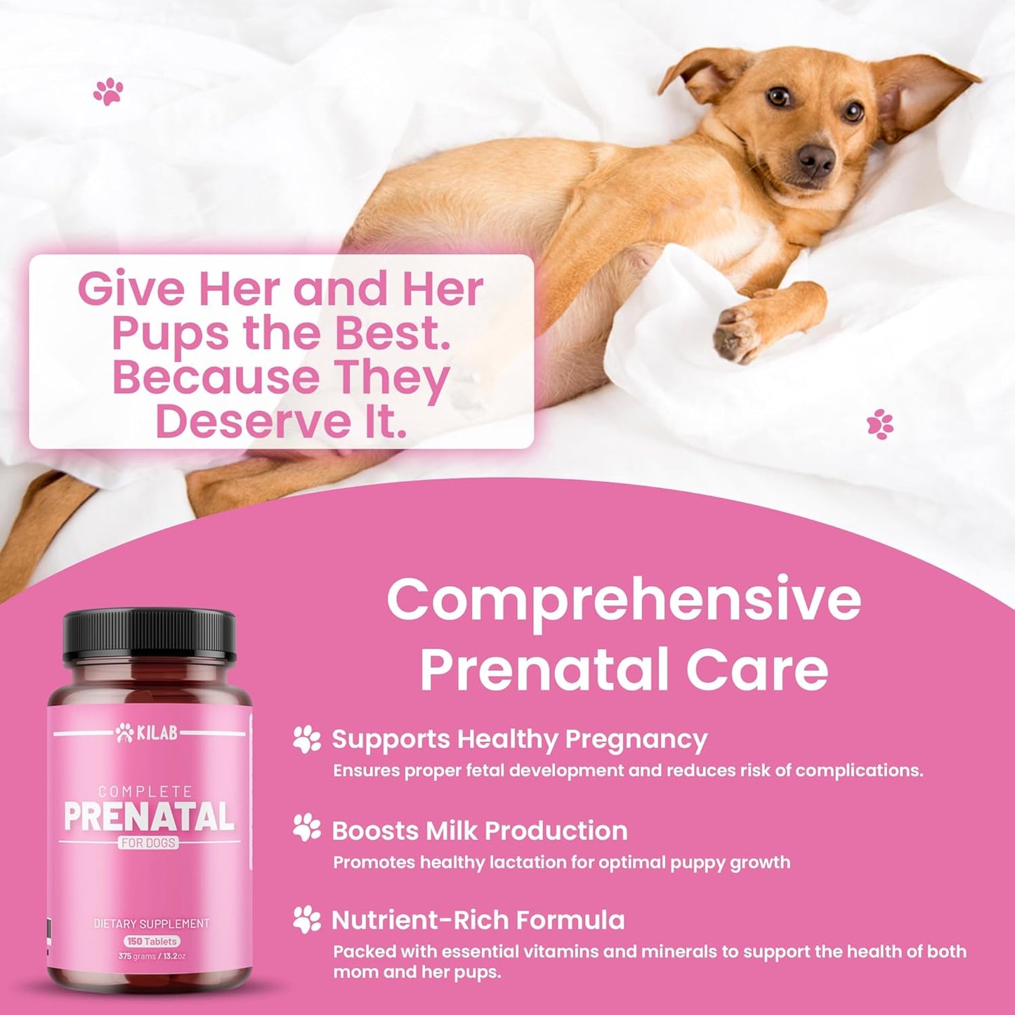 Kilab Prenatal Dog Vitamins - 150 Tablets for Healthy Development & Wellness - Supports Pregnant, Nursing, & Weaning Females - Complete Formula