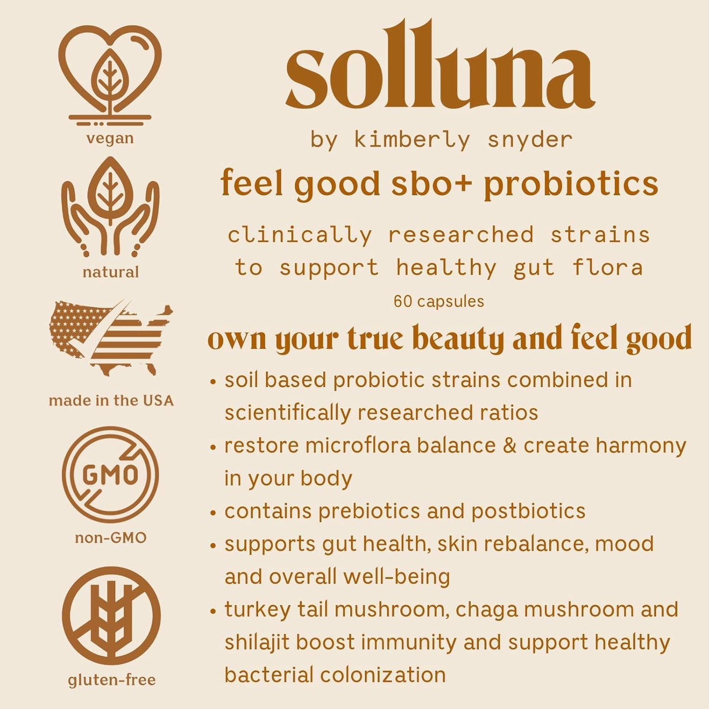 Kimberly Snyder Solluna Feel Good SBO Probiotics with Prebiotics, Postbiotics & Mushroom Extracts