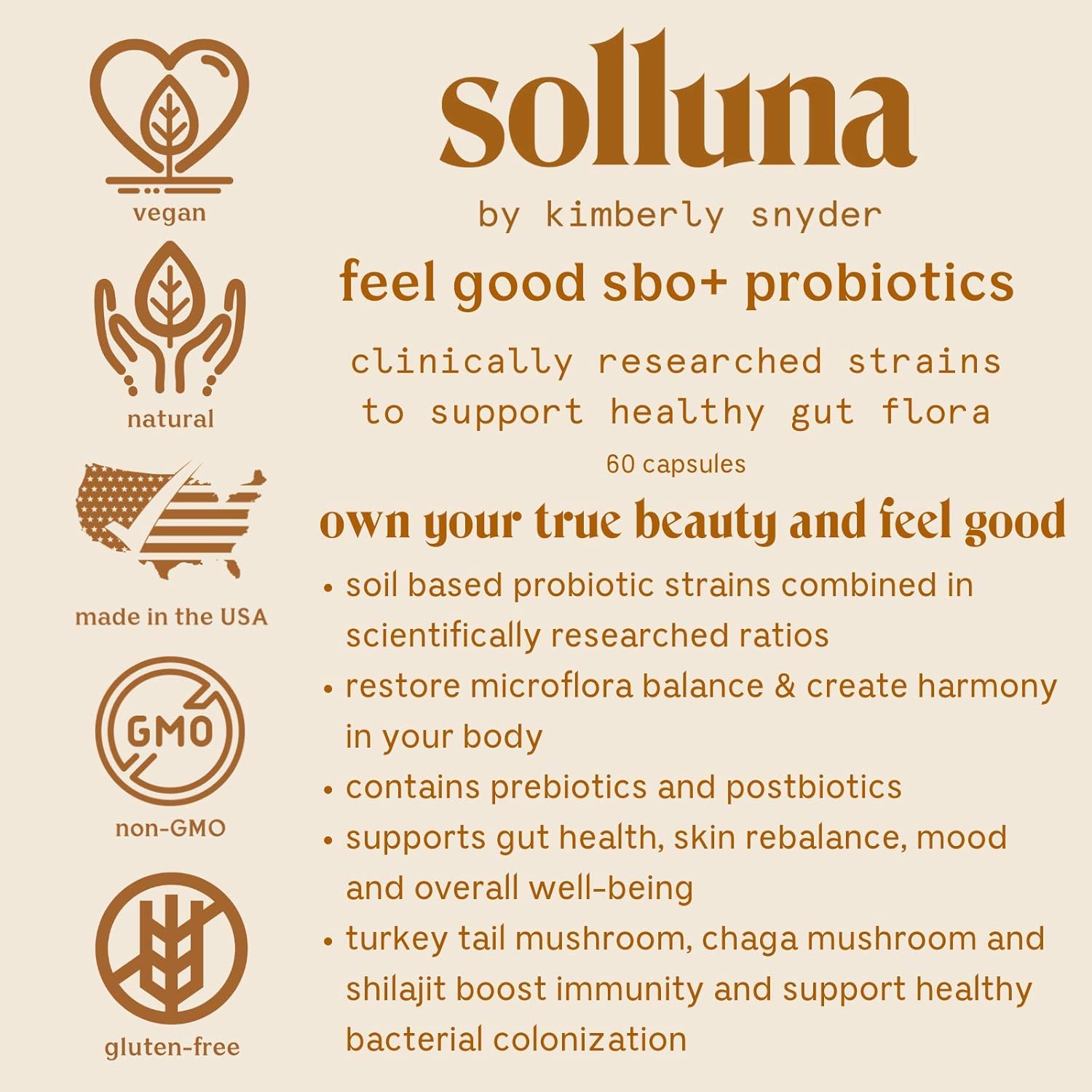 Kimberly Snyder Solluna Feel Good SBO Probiotics with Prebiotics, Postbiotics & Mushroom Extracts