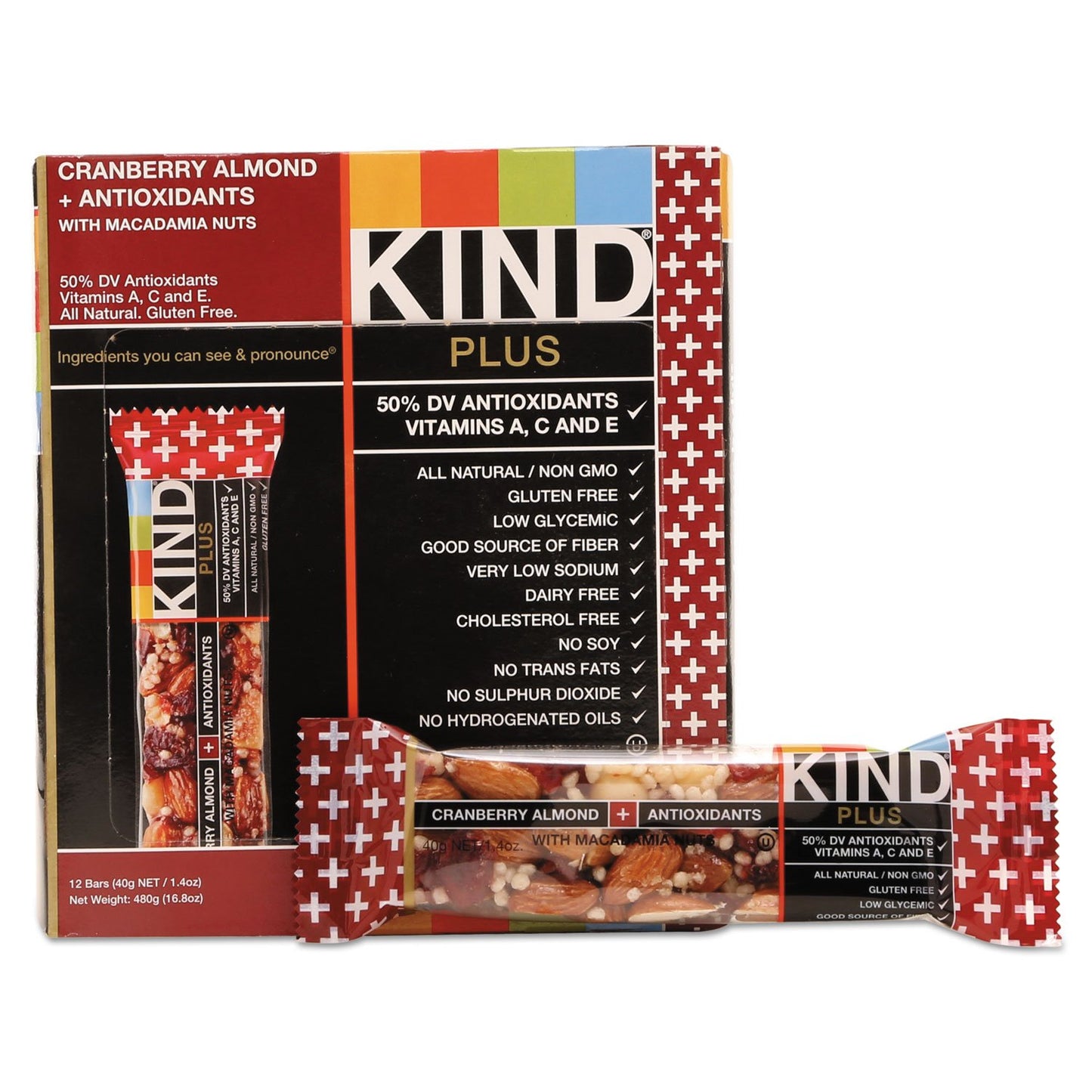 KIND 17211 Plus Nutrition Boost Bar, Cranberry Almond with Antioxidants, 1.4 oz, 12 Bars