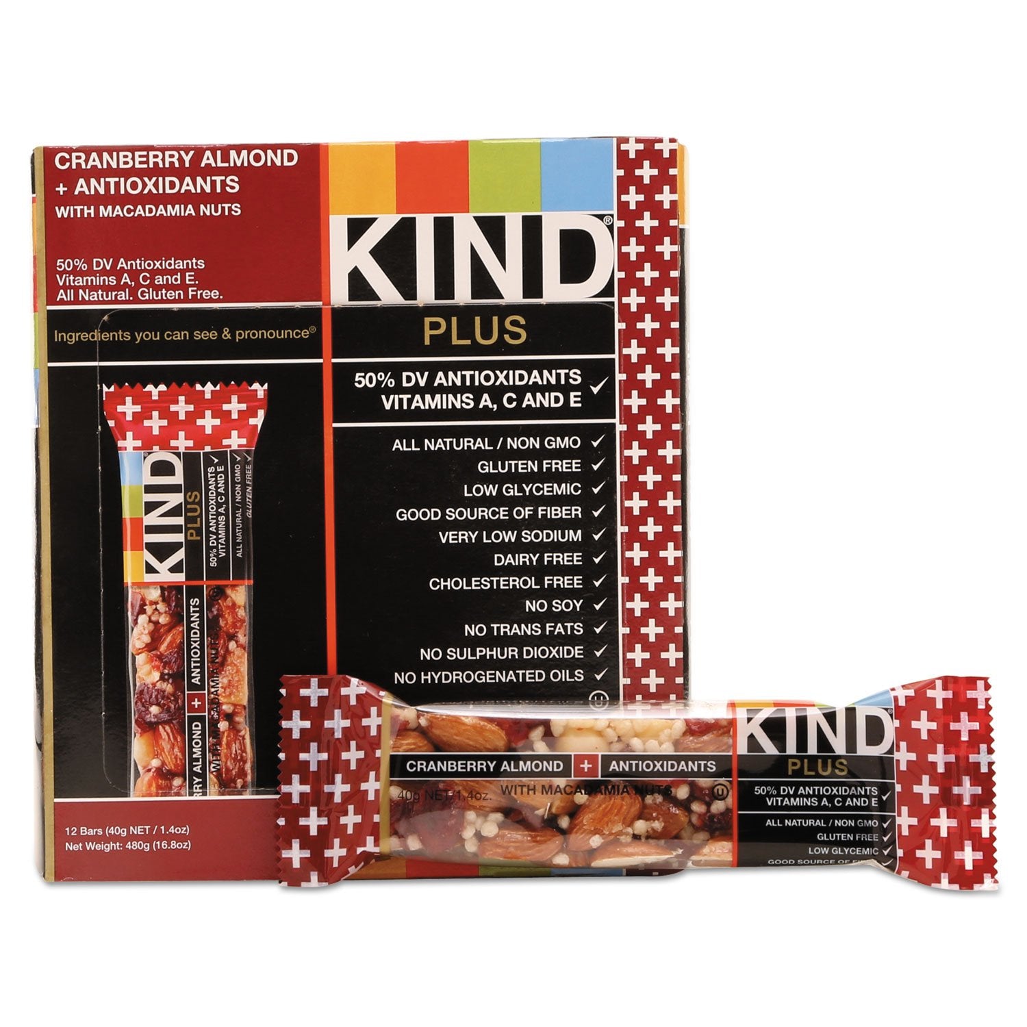 KIND 17211 Plus Nutrition Boost Bar, Cranberry Almond with Antioxidants, 1.4 oz, 12 Bars
