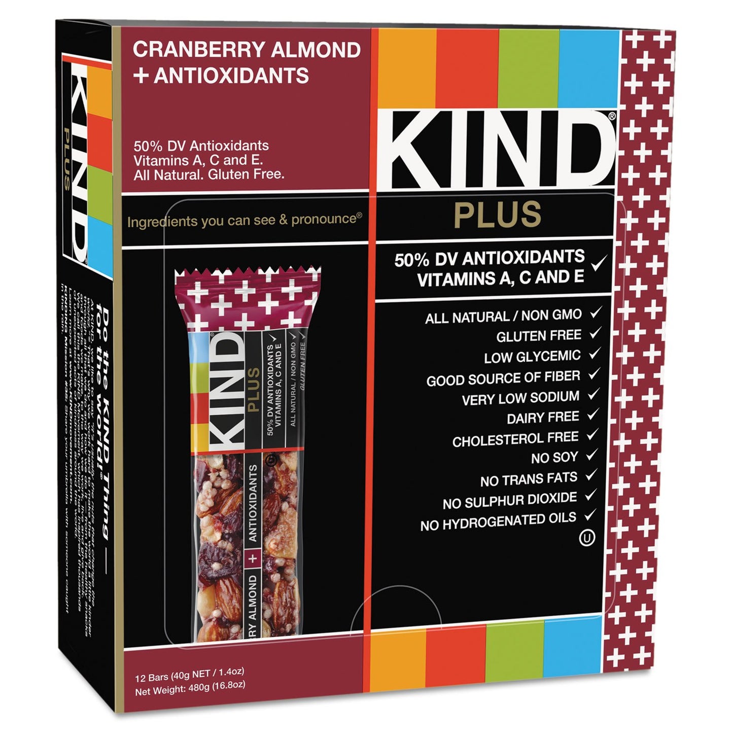 KIND 17211 Plus Nutrition Boost Bar, Cranberry Almond with Antioxidants, 1.4 oz, 12 Bars