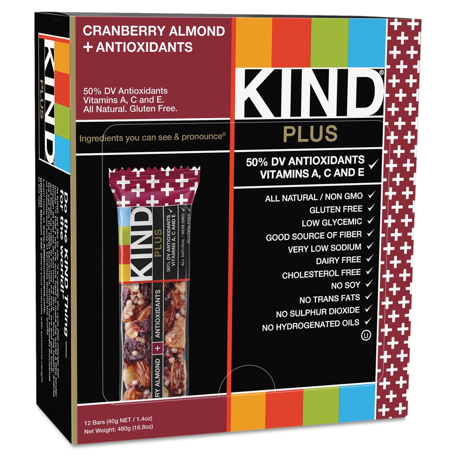 KIND 17211 Plus Nutrition Boost Bar, Cranberry Almond with Antioxidants, 1.4 oz, 12 Bars