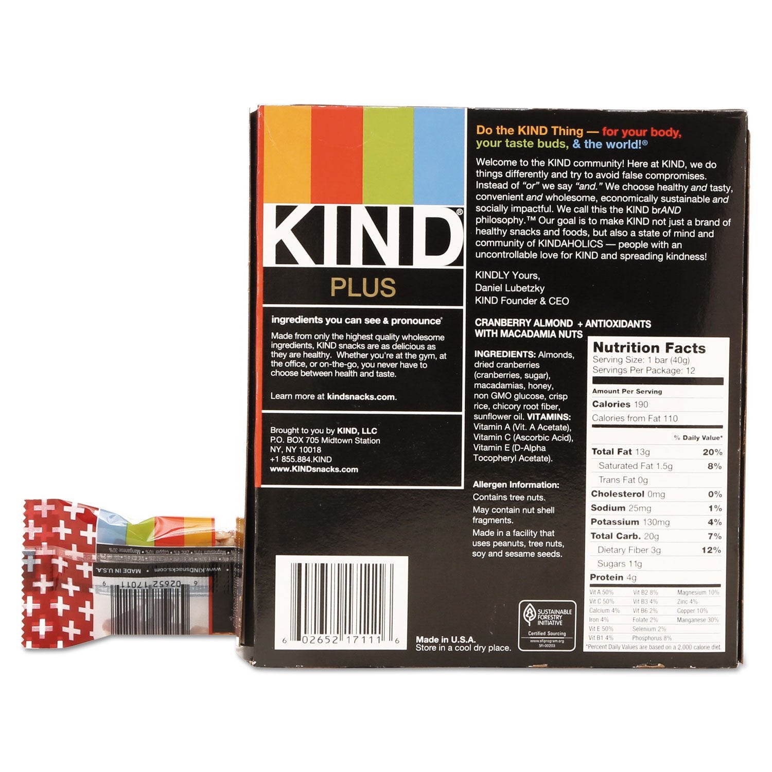 KIND 17211 Plus Nutrition Boost Bar, Cranberry Almond with Antioxidants, 1.4 oz, 12 Bars