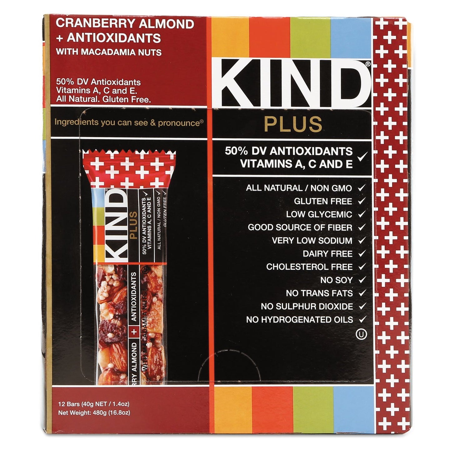 KIND 17211 Plus Nutrition Boost Bar, Cranberry Almond with Antioxidants, 1.4 oz, 12 Bars