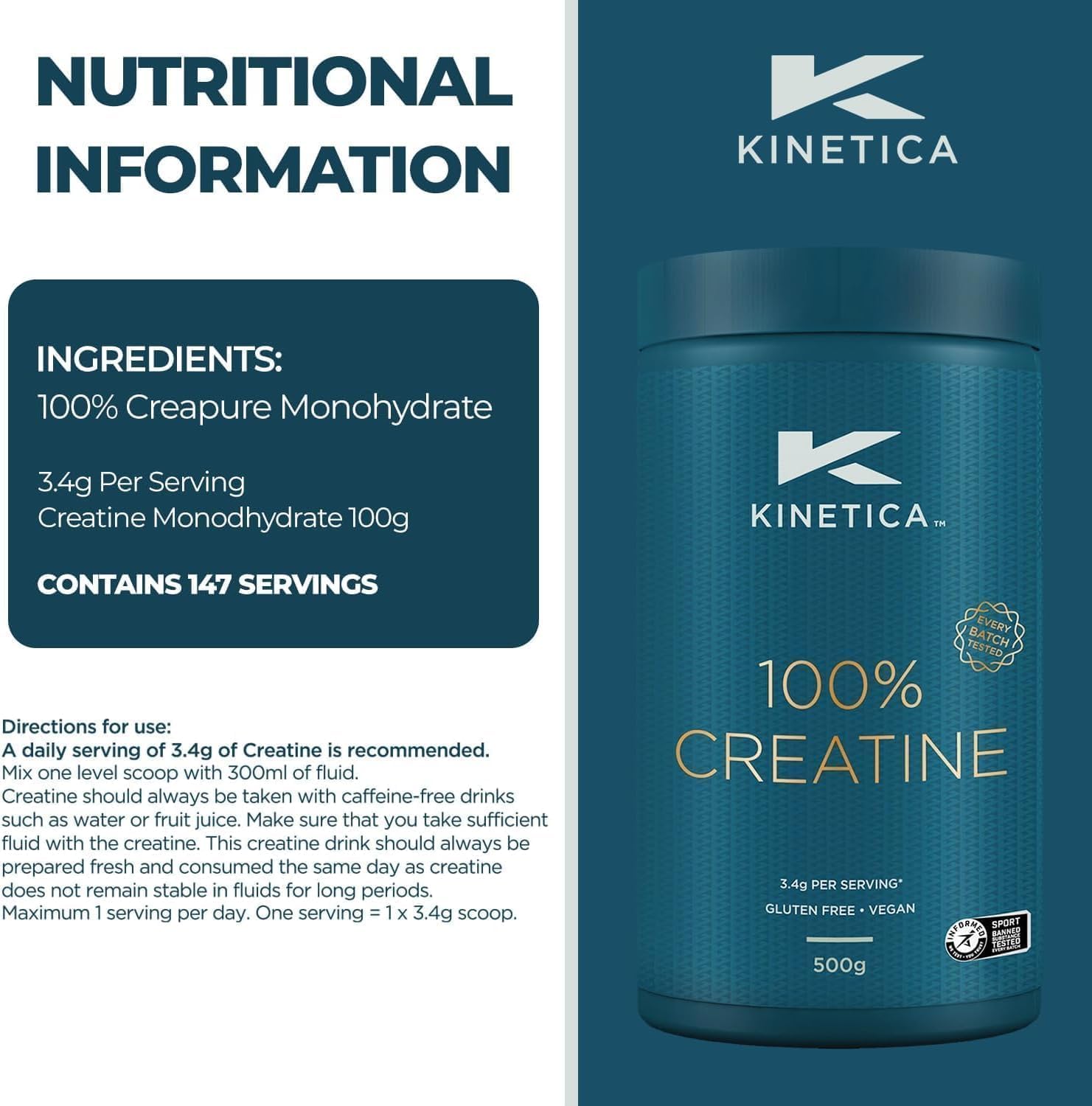 Kinetica Creapure Creatine Monohydrate Powder 500g - 147 Servings, Vegan & Gluten-Free