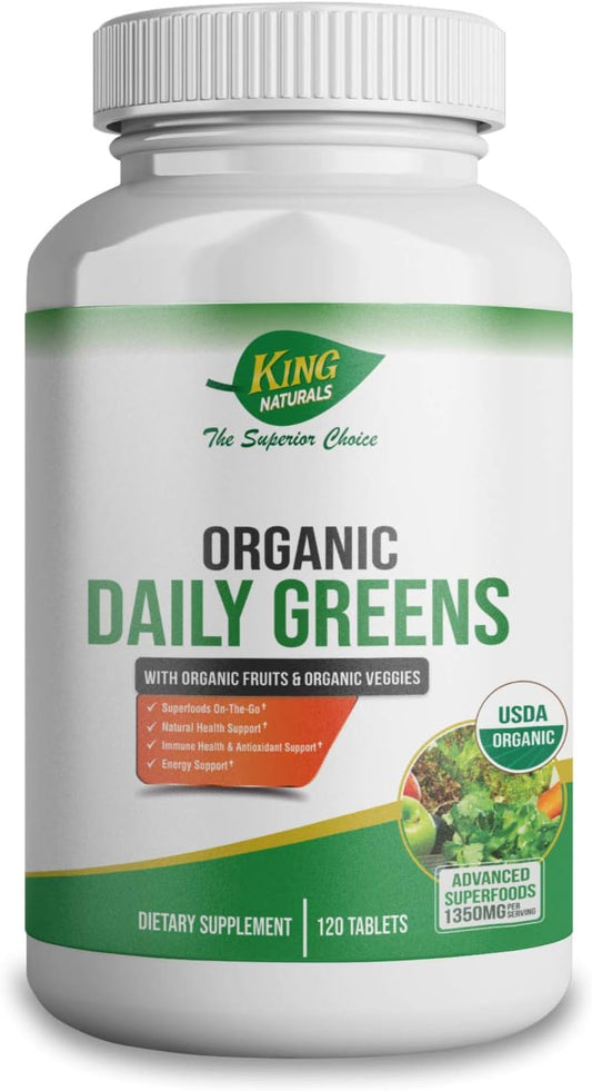 King Naturals Organic Daily Greens with Fruits & Veggies Tablets - USDA Certified, Non-GMO, Vegan. Immune Health, Antioxidant, Energy Support.